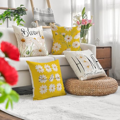 WOKANI Spring Floral Throw Pillow Covers, 18x18 Set of 4, Yellow