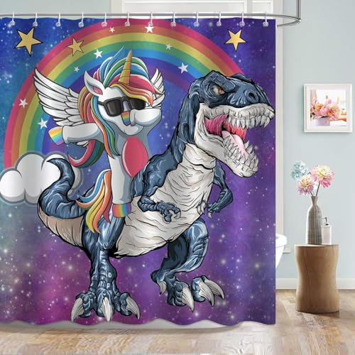 Unicorn Dinosaur Shower Curtain - Waterproof Fabric, 72x78 Inch