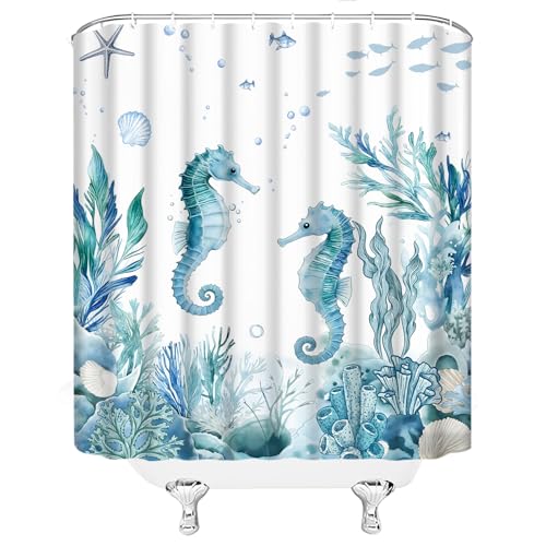 Coastal Seahorse Shower Curtain 70x70 Inch with Hooks