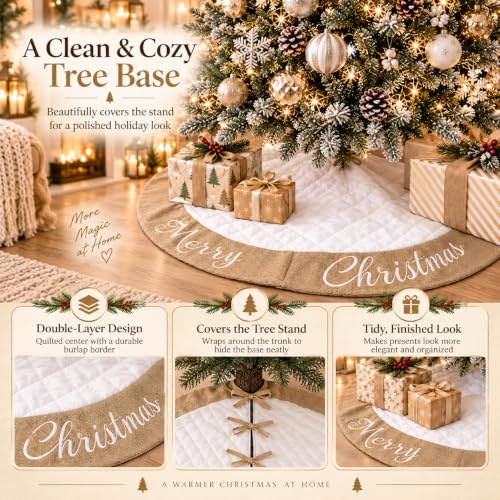 48-Inch White Quilted Cotton Christmas Tree Skirt with Burlap Decor