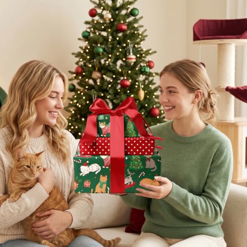 Reversible Christmas Cat Wrapping Paper Roll - 17 x 33 Ft, Holiday Gift Wrap, Pet Lover Gift Wrap, Pack of 1