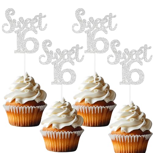 ZIRVELANO 12 Pcs Silver Glitter Sweet 16 Cupcake Toppers Number 16 Cake Decor