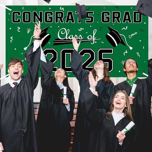 2026 Graduation Decorations - Green Polyester Backdrop & Congrats Grad Banner