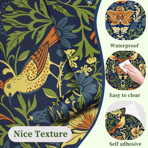 Self Adhesive Vintage Bird Shelf Liner Dark Blue 17.3"W x 78.7"L - Waterproof Drawer & Cabinet Cover
