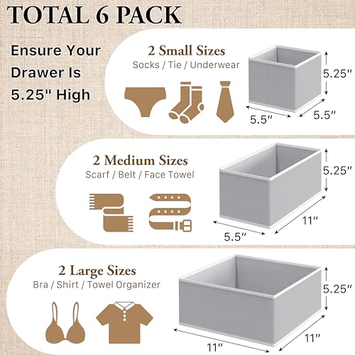 Underwear Drawer Organizer Set of 6 - Gray Non-Woven Fabric