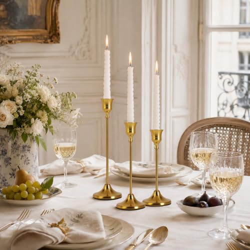 Gothic Brass Taper Candle Holders Set - 3 Heights for Home Decor