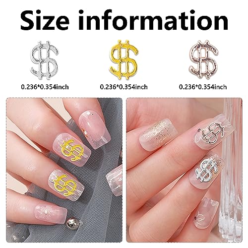 WOKOTO 90pcs 3D Money Sign Nail Charms - Gold, Silver & Rose Gold Alloy