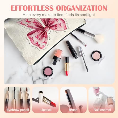 Breast Cancer Awareness Pink Ribbon Makeup Bag Linen Cosmetic Pouch