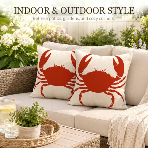 Red Crab Linen Throw Pillow Cover 18x18 Inch Nautical Decorative Cushion for Couch & Bedroom