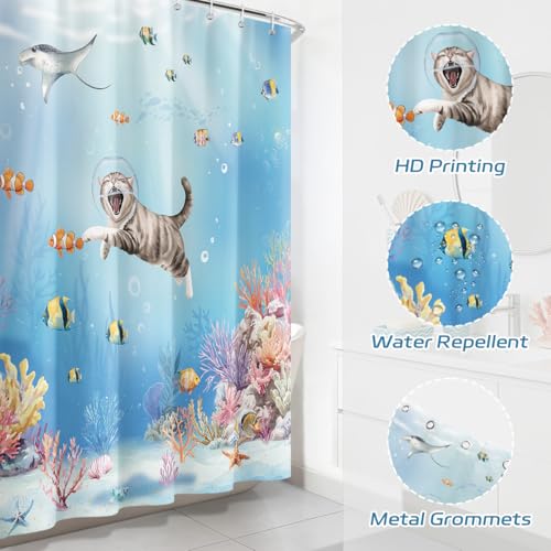 Dazzlewall Funny Ocean Cat Shower Curtain, 72x72 Inch Waterproof Polyester