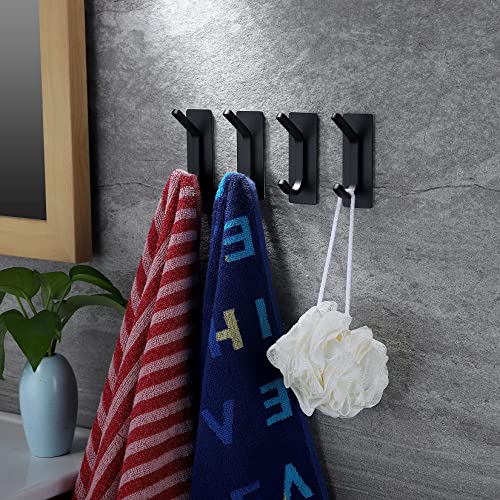 YIGII Black Adhesive Towel Hooks - Heavy Duty 4-Pack Stainless Steel