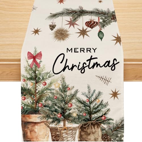 Christmas Table Runner 13x108 Inch Xmas Tree and Holly Holiday Decor