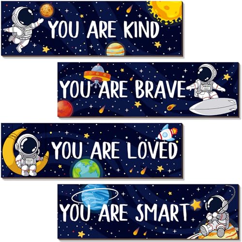 4-Piece Space Bedroom Wall Art Set – Astronaut Solar System Decor for Kids