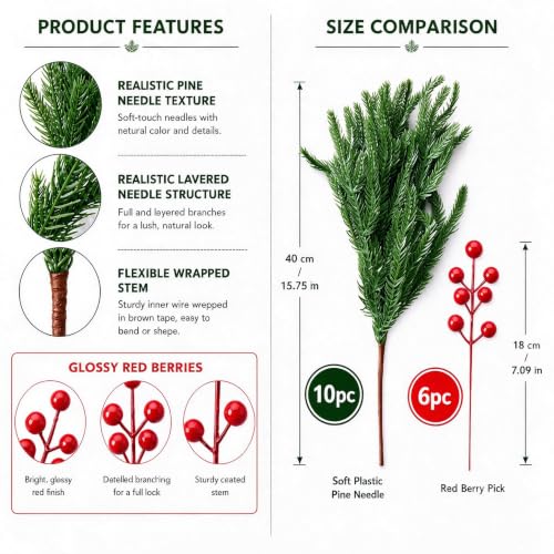 Christmas Norfolk Pine Stems with Red Berry Picks - Real Touch Greenery, 10 Pieces, Green Variation