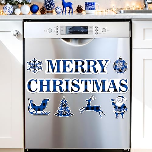 Blue Black Plaid Christmas Dishwasher Magnetic Decorations 6pcs - Merry Christmas Holiday Kitchen Refrigerator Magnet Set