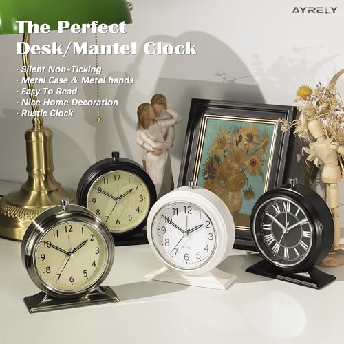 AYRELY 5.5" Vintage Metal Alarm Clock - Silent Retro Desk Clock in White