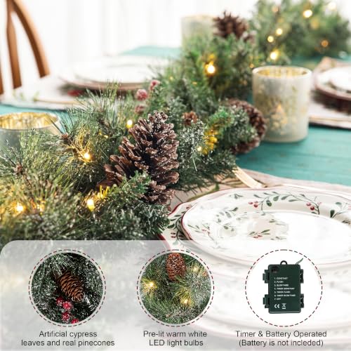 9ft Prelit Christmas Garland with Lights & Timer - Glittered Greenery with Pine Cones & Berries