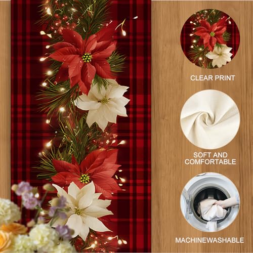 Christmas Table Runners and Placemats Set of 6 with Poinsettia - Red Plaid Holiday Decor 124