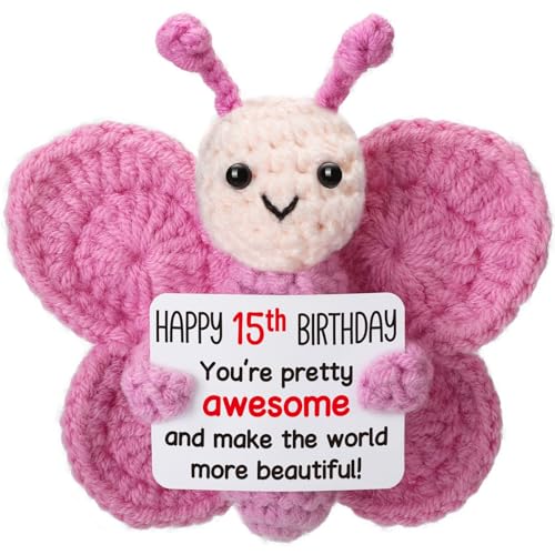 Pink Crochet Butterfly 15th Birthday Gift, Handmade 4" Amigurumi Plush