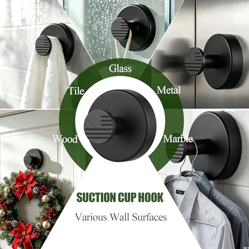 Suction Cup Hooks for Bathroom - Removable Adhesive Towel & Robe Hooks (2 Pack, Black)