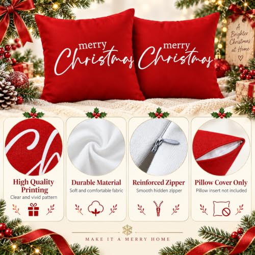Christmas Pillow Covers 2 Pack - Red Merry Christmas Throw Pillow Cases for Holiday Decor