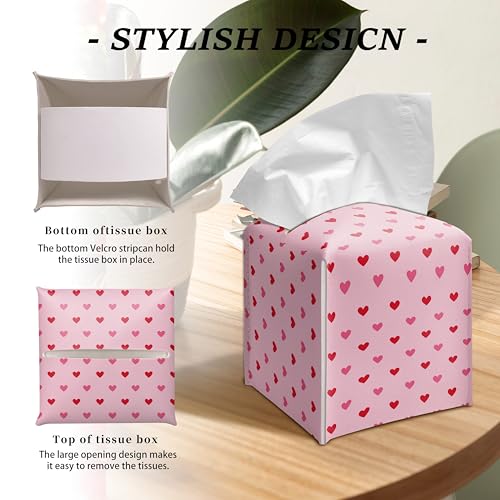 Love Heart Tissue Box Cover - Pink & Red Mini Square Decorative Holder for Bathroom & Bedroom - Free Secure Bottom Closure