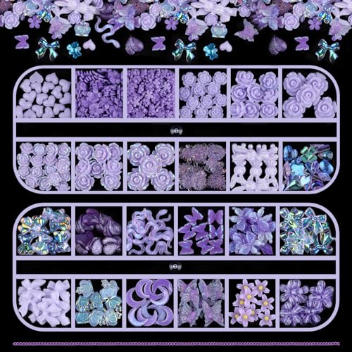 Kikonoke 3D Flower Nail Charms and Rhinestones Set - 2 Boxes Purple
