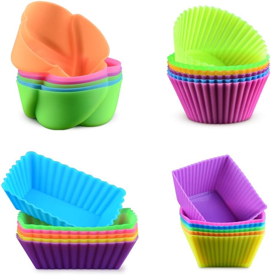 Skiennix Silicone Baking Cups - 24 Pcs Reusable Food-Grade Cupcake Liners in Assorted Shapes