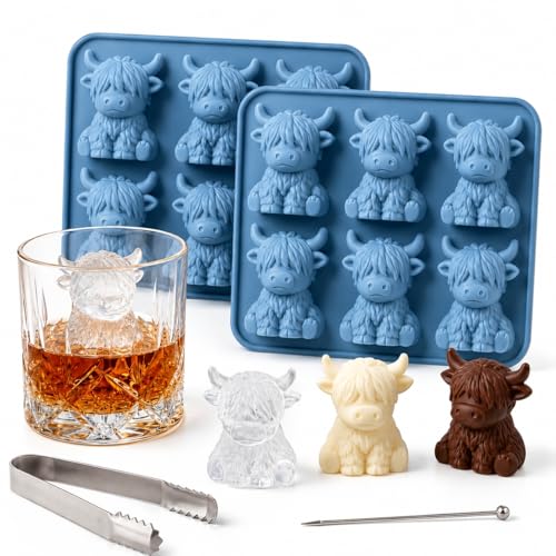 2PCS Highland Cow Ice Cube Mold - Blue Silicone 3D Tray for Drinks & Baking
