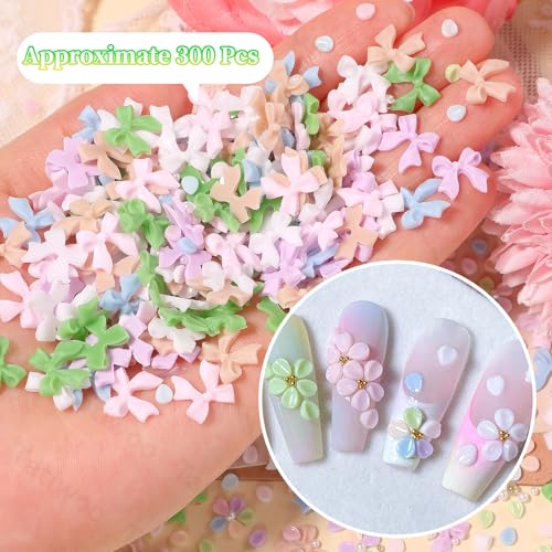Tatiwoo 300 Pcs 3D Flower and Bow Nail Charms with Pearls and Beads