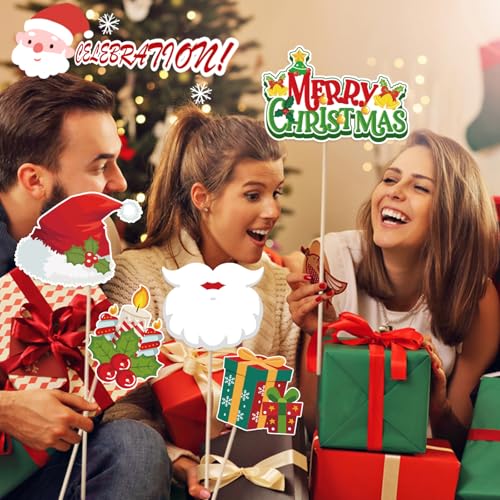 Christmas Photo Booth Props 31-Piece Set with Sticks for Holiday Parties