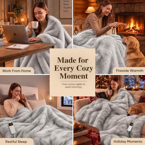 Faux Fur Heated Electric Blanket Full Size White Plush Cozy Throw 68x84"