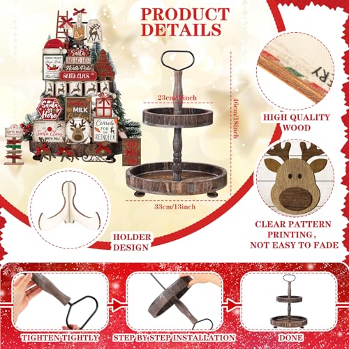 Christmas Tiered Tray Decorations Set with Stand - Red & Winter Theme