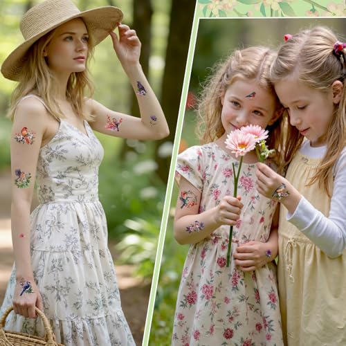 Konsait Bird Temporary Tattoos for Kids - 10 Sheets Hummingbird and Flower Fake Tattoos for Party Favors