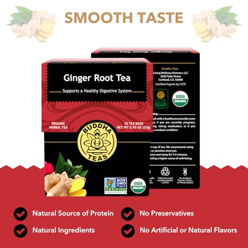 Buddha Teas Organic Ginger Root Herbal Tea, Caffeine-Free, 18 Tea Bags