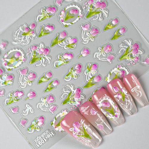 Floral Nail Art Stickers 3 Sheets Embossed Tulip Spring Manicure Decals