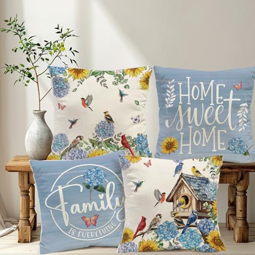 Hydrangea Birdhouse Throw Pillow Covers - Set of 4, 18x18 Inch
