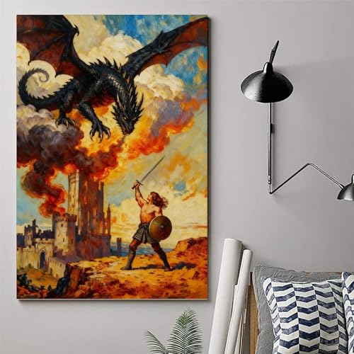 Vintage Warriors vs Dragons Canvas Wall Art - 12x18 Inch