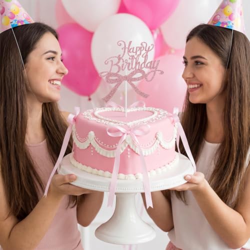 18PCS Pink Bow Cake Toppers with Happy Birthday Topper
