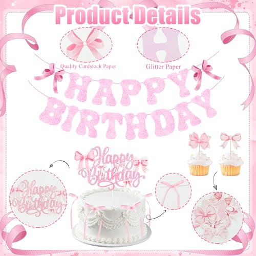 Pink Bow Birthday Decorations Set - 20Pcs Cake & Cupcake Toppers