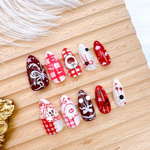 Valentine Press On Nails Medium Almond Fake Nails with Bow and Rhinestones