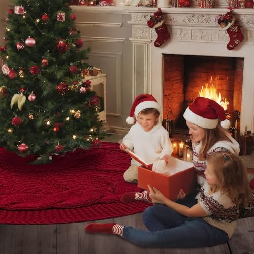 48 Inch Red Knitted Christmas Tree Skirt for 7 Ft Tree - Rustic Holiday Decor