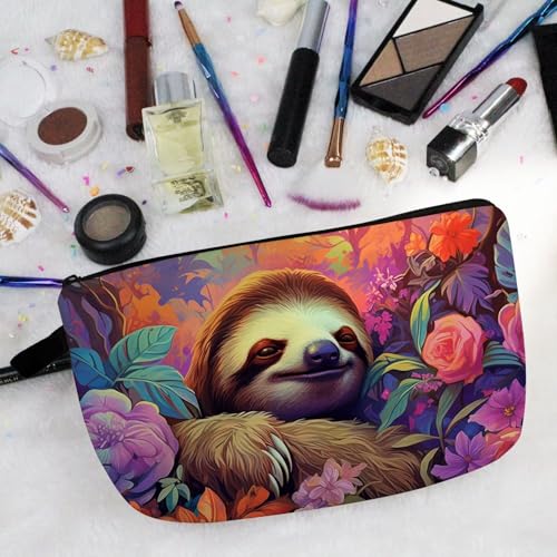 Floral Sloth Makeup Bag Padded Cosmetic Organizer Zipper Pouch for Women