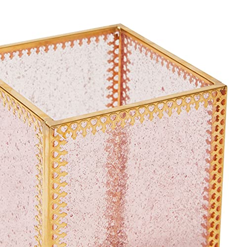 Glamlily Vintage Pink Glass Makeup Brush Holder with Gold Brass Frame