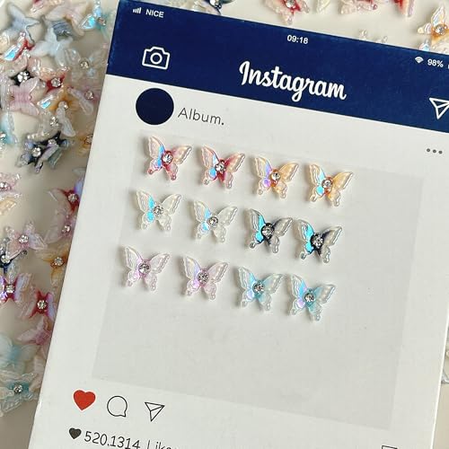 50Pcs 3D Butterfly Nail Charms Iridescent Resin Rhinestones for DIY Manicure