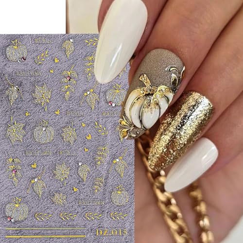 Fall Nail Stickers 5D Pumpkin Maple Leaf Decals with Autumn Rhinestones