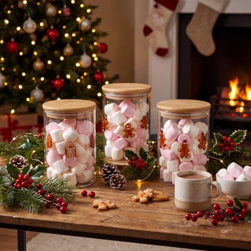 3pcs Christmas Icon Glass Storage Jars with Airtight Bamboo Lids - Gingerbread