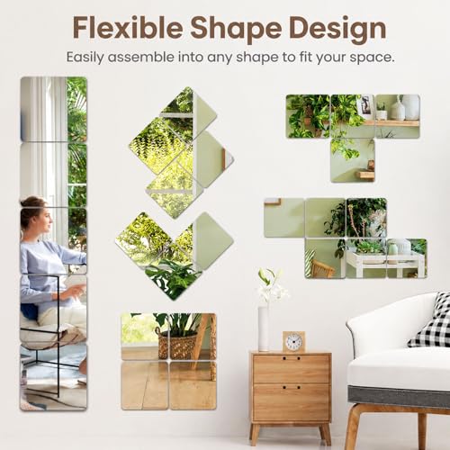 Self-Adhesive Mirror Stickers - 4 Pack Decorative Wall Mirrors, 7.8"x7.8"