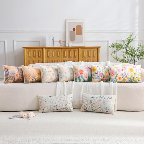 Floral Lumbar Pillow Covers - Set of 2, 12x20 Inch Daisy Design for Sofa & Patio