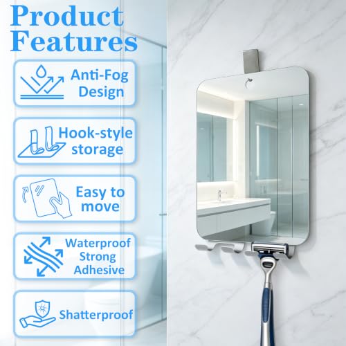 Fogless Shower Mirror with Razor Holders - No-Drill Wall Mount